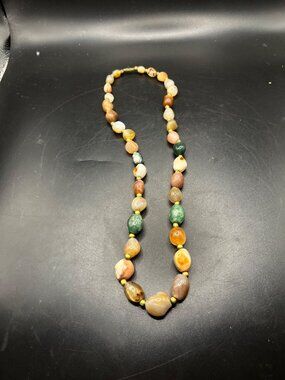 Natural Stone Beaded Necklace With Mixed Earth Tones And Gold Accents VTG Boho